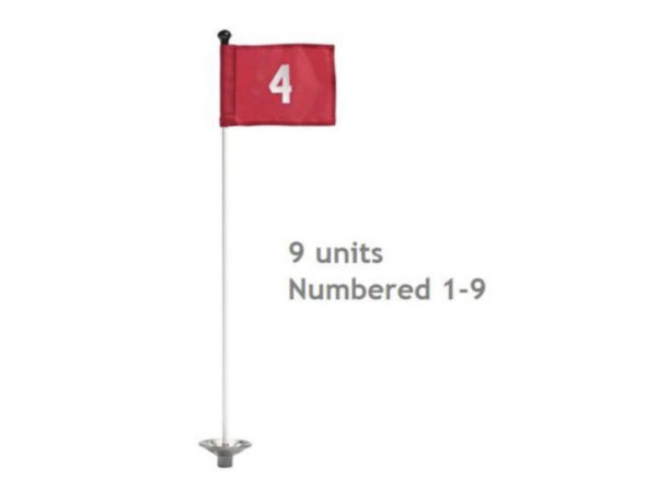 Set of Golf Green flags 1 to 9 RED with rods and bases
