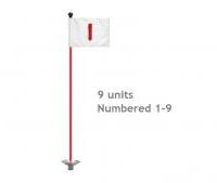 "Pr. grn flags No. 1-9 Ø 1.0 cm rod White - incl 9 red rods & bases"