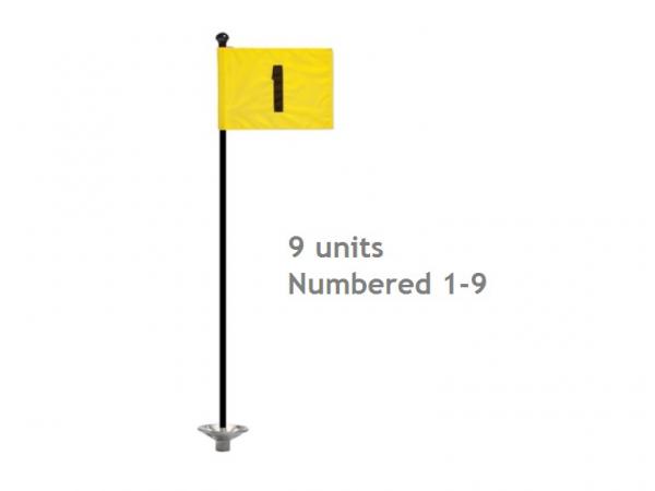 "Pr. grn flags No. 1-9 Ø 1.3 cm rod Yellow - incl 9 black rods & bases"